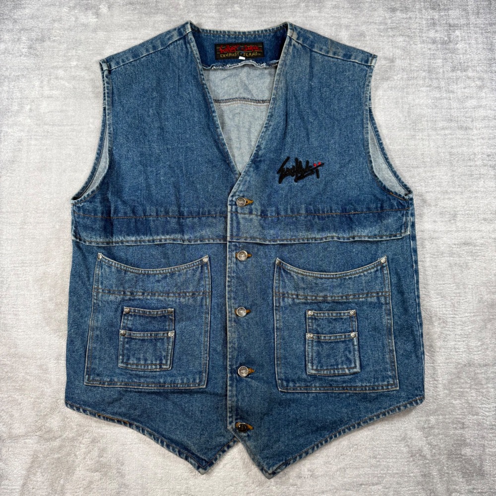 Exhaust Jeans Vest Mens Medium Blue Denim Vintage Y2K Utility Pocket Streetwear